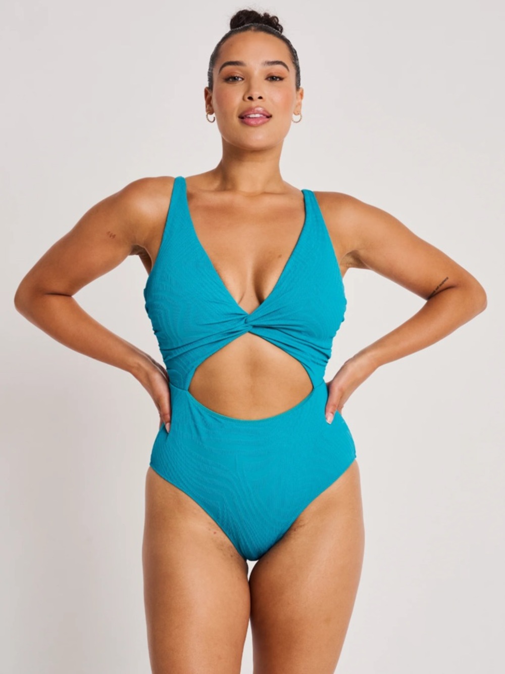 Women’s Teal Front Twist Textured One-Piece Swimsuit
